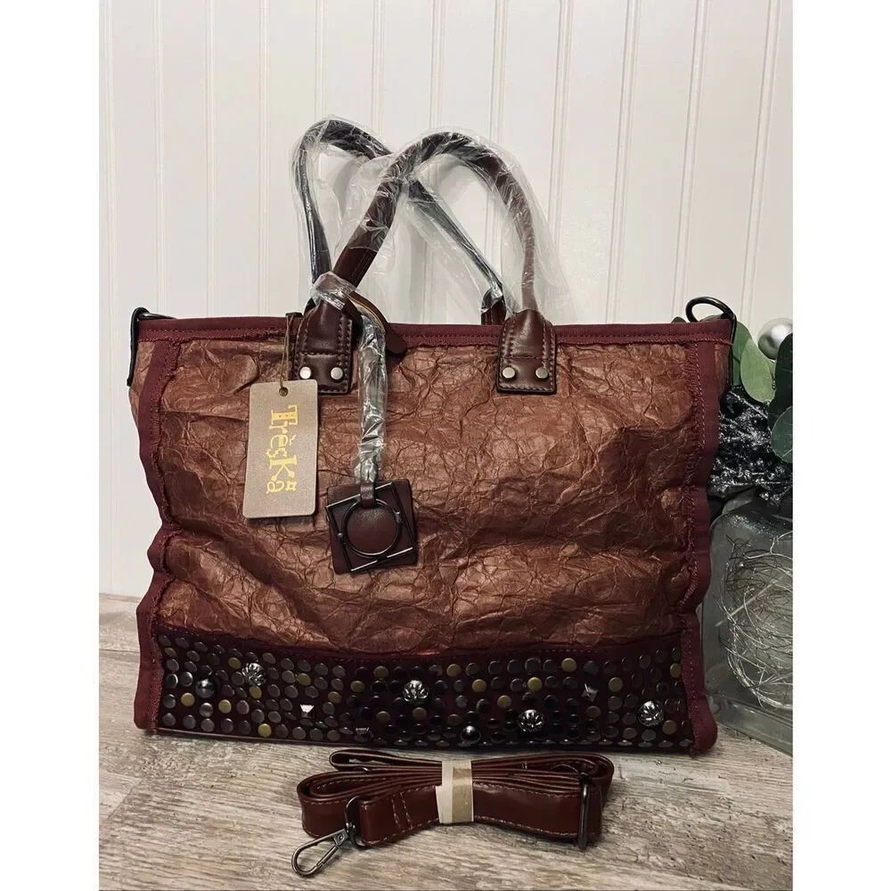 Treska Boho Studded Burgundy Western Tote Bag Purse